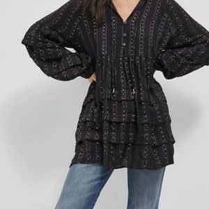 Anthropologie long sleeved, black Quinn tunic with gold trim, size medium